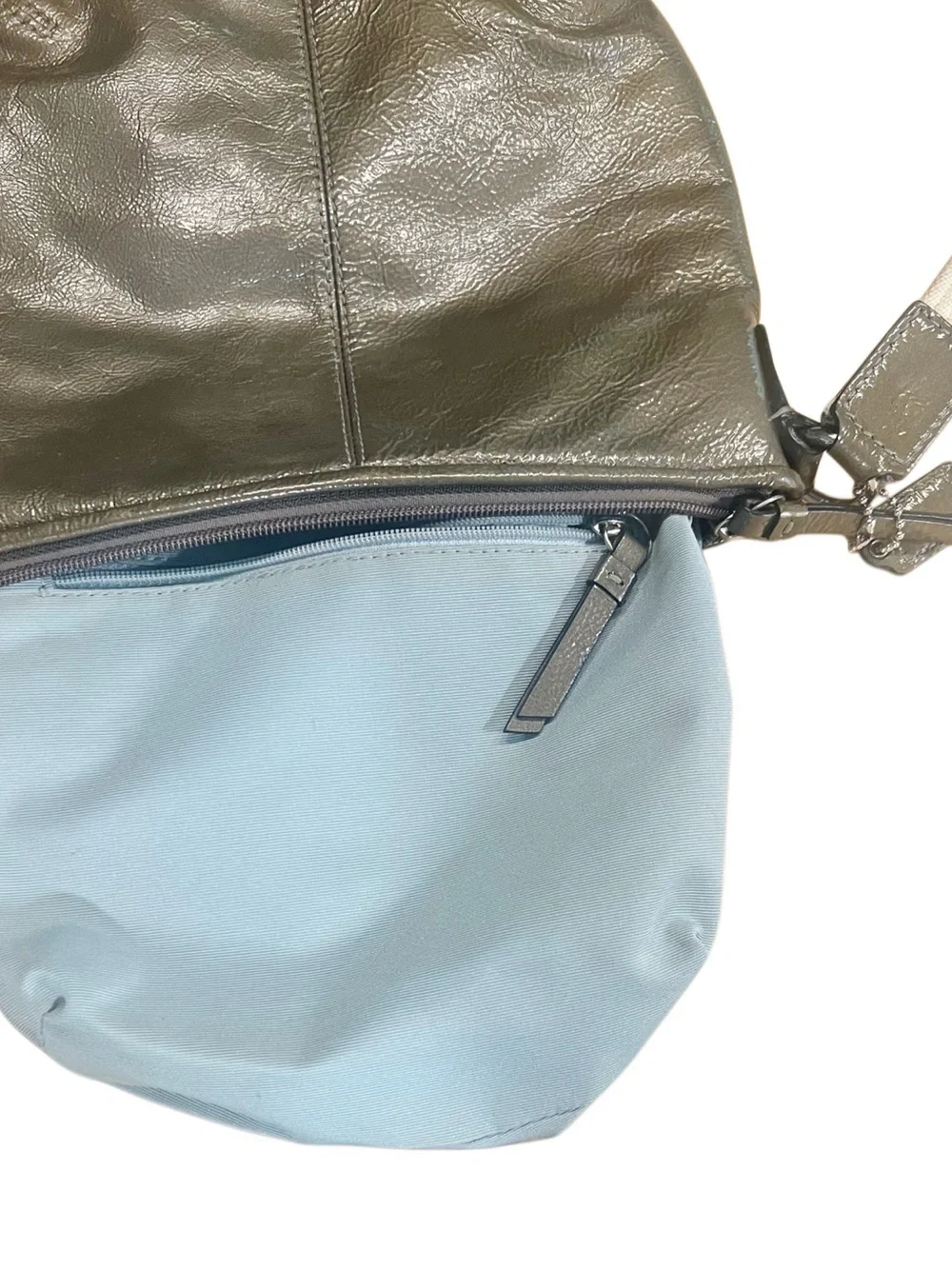 Coach and Small Metallic Gray Leather Crossbody, Ivory Canvas Adjustable trap